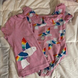 Hanna Andersson Pink Ruffled Swimsuit with Matching Shirt